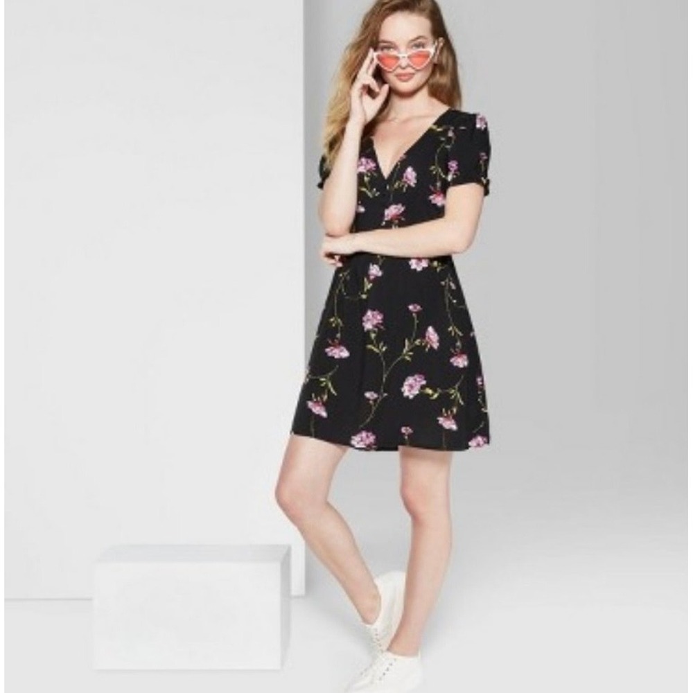 Wild Fable Black Pink Floral Babydoll Mini Dress Size Small Coquette Soft Girl - Picture 4 of 9